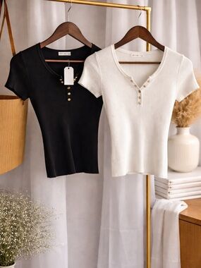 Classic Ribbed Short-Sleeve Henley Top - Black or White